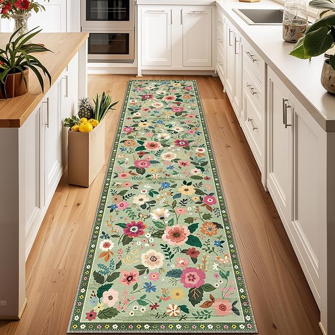 RELEANY Floral Nursery 2x6 Area Rugs Washable Print Boho Cute Carpet Non Slip Flower Low Pile for Living Room Kids Girls Playroom Bedroom Kitchen Office Farmhouse-Light Green
