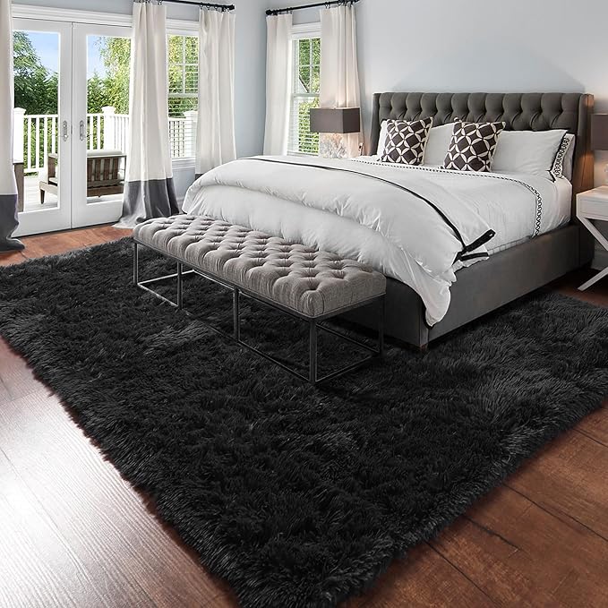Amdrebio Black Area Rugs for Bedroom, 5x8, Large Fluffy Rug for Living Room Decor, Modern Cool Rugs for Kids, Boys, Men, Furry Shaggy Carpets for Classroom, Fuzzy Plush Gothic Carpet for Home Office