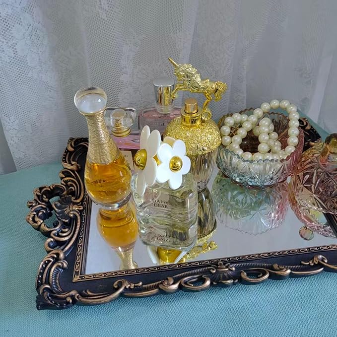Shell Rectangle Decorative Mirror Tray, French Style, Makeup Organizer, Jewelry Organizer, Serving Tray, 9.3"x 14.9", Black