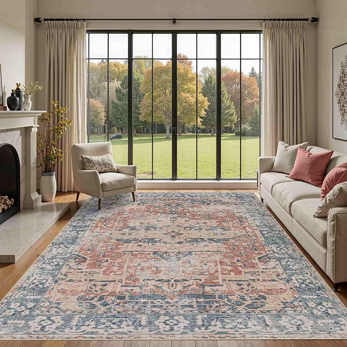 Rugxara 6x9 Area Rugs for Living Room Bedroom, Large Washable Rug, Coral Vintage Floral Boho Style, Non Slip & Low Pile Carpet for Indoor Dining Room, Dorm and Kids Room(Coral Blue 6x9ft)