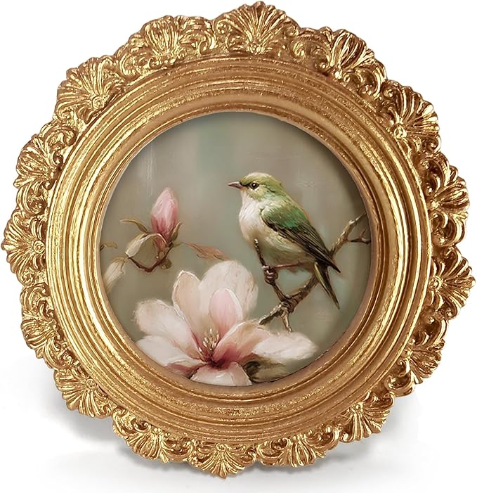 Small Vintage Bird Spring Round Picture Frame Wall Decor, Pink Flower Gold Mini Ornate Photo Frame for TableTop Desk 2.7in Photo,Rustic Farmhouse Framed Artwork for Walls Office Bedroom Shelf