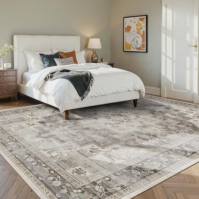 Rugxara 5X7 Washable Area Rug for Living Room, Vintage Large Boho Rugs for Office, Dining Room, Kids Room, Farmhouse, Durable Low Pile Non Slip Carpet for High Traffic Areas, Brown