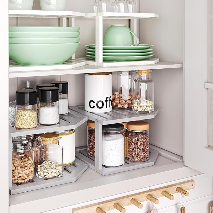 VERTORGAN Bamboo Corner Shelf(2 Pack),2 Tier Plate Organizer for Cabinet and Countertop,Pantry Dish and Spice Rack for Kitchen(White)