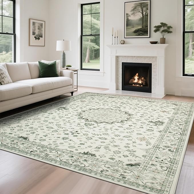 Srugn Washable Rugs 8x10 Area Rugs for Living Room,Rugs for Bedroom,Large Carpets,Ultra Soft Faux Wool Retro Dining Room Rug,Non Slip&Non-Shedding Low Pile Vintage Print Rug for Home Office-Green