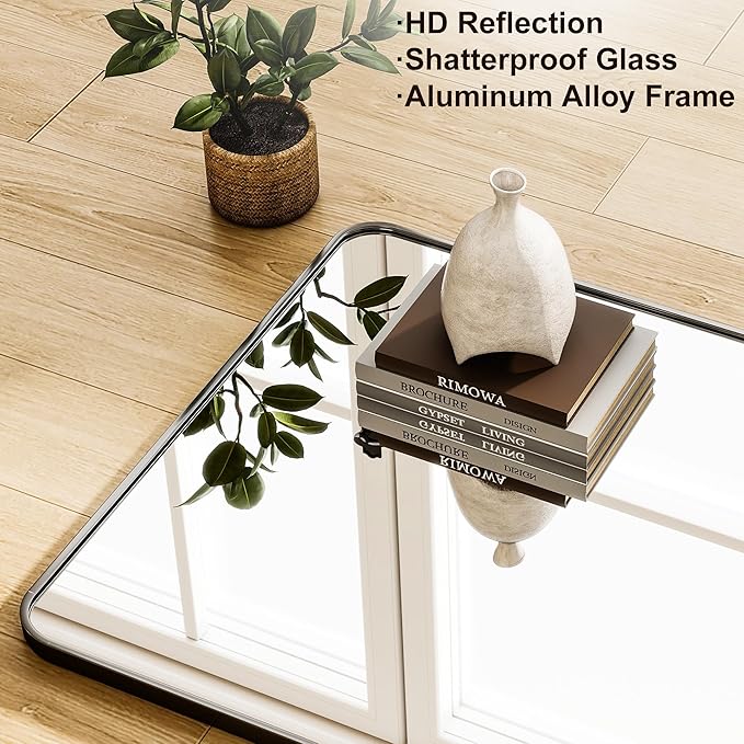 Black Full Length Mirror 16 x 59 Inch Nano Floor Mirrors with Stand, Rounded Corner Full Body Mirrors with Aluminum Alloy Frame for Bedroom Living Room Checkroom