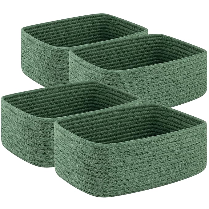 OIASKET 4 Pack Small Storage Shelf Baskets for Organizing, Mini Woven Rope Storage Bins for Towels, Cute Decorative Closet Organizer，Baby Nursery, Gift Empty Baskets -13''Lx8.66''Wx5.11''H-Green