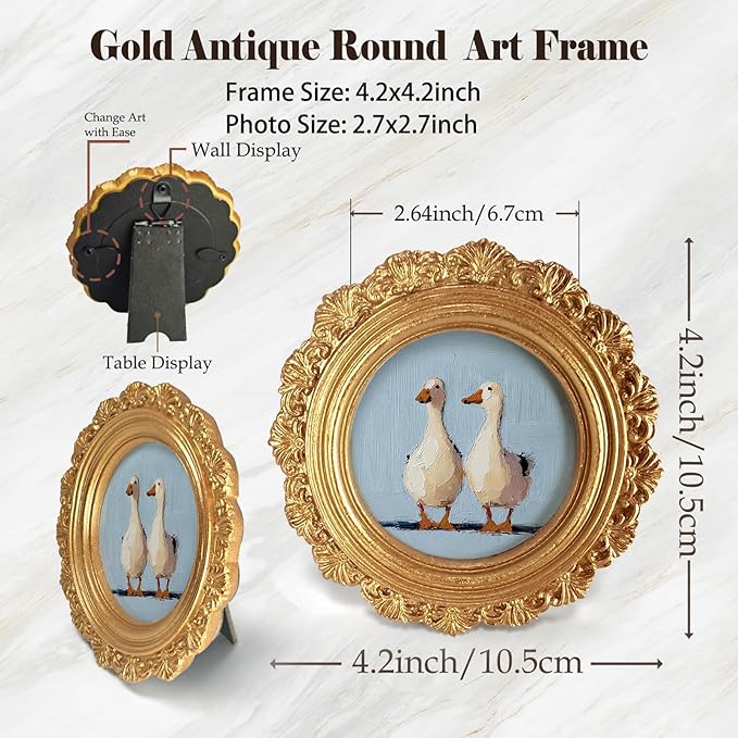 Small Vintage Couple Duck Goose Round Picture Frame Wall Decor, Rustic Farmhouse Gold Mini Ornate Photo Frame for TableTop Desk 2.7in Photo,Funny Framed Artwork for Walls Office Bedroom Shelf