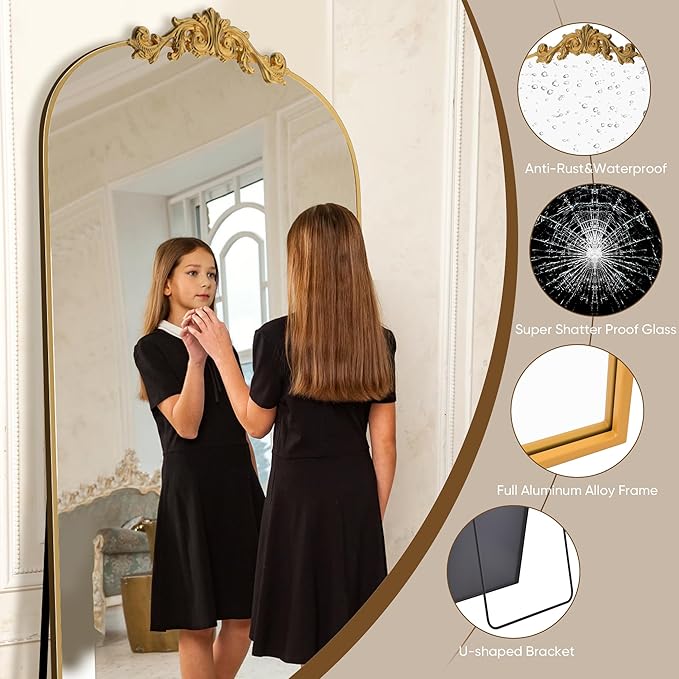 Antok Arched Full Length Mirror, 65"x22" Floor Mirror with Carved, Full Body Mirrors for HomeDecor, Standing/Halling Large Wall Mirror for Bedroom, Living Room, Cloakroom, Gold, Retro Style