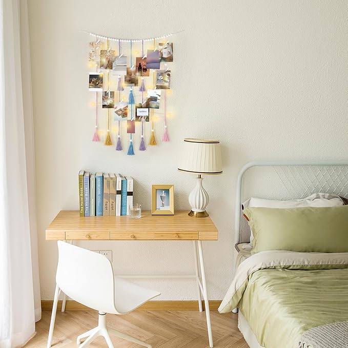Mkono Macrame Hanging Photo Display Wall Decor with String Lights Boho Room Bedroom Wooden Beads Garland Picture Greeting Cards Holder with 30 Clips