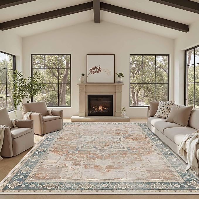 Rugxara 8X10 Orange Boho Rug,Large Washable Area Rugs for Living Room, Neutral Vintage for Office, Dining Room, Kids Room, Farmhouse, Low Pile Non Slip Carpet for High Traffic Areas, Coral