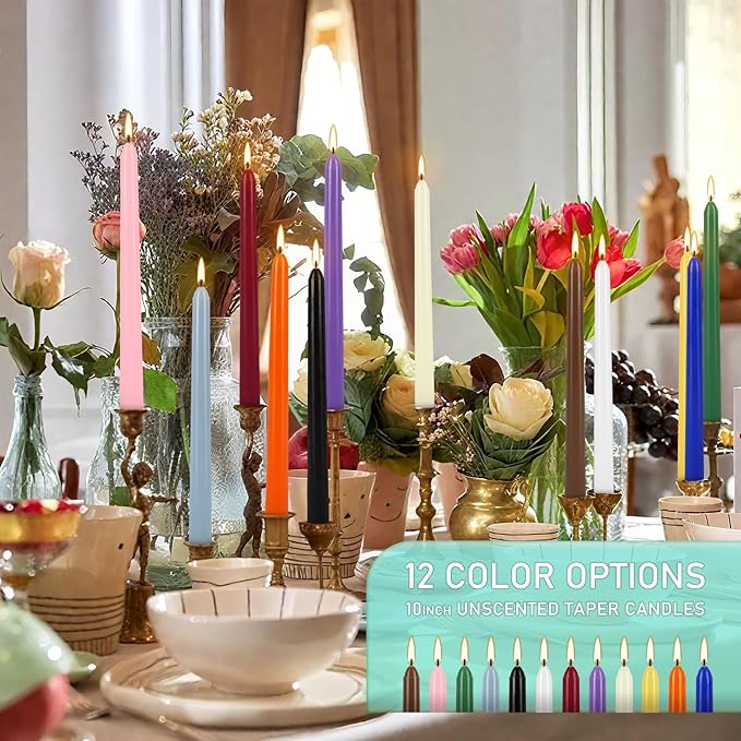 Howemon 24 Pack 10" Tall Colored Taper Candles, Dripless Unscented Colorful Candlesticks for Birthdays Dinner Party Home Décor, Long Burning Spell Chime Candles for Witchcraft Ritual Prayer Meditation