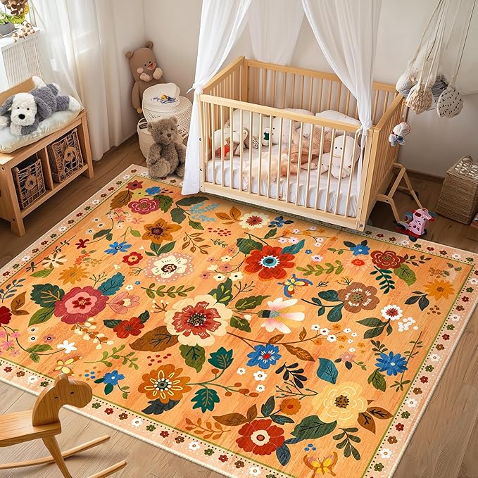 RELEANY Floral Nursery 5x7 Area Rugs Washable Print Boho Cute Carpet Non Slip Flower Low Pile for Living Room Kids Girls Playroom Bedroom Kitchen Office Farmhouse-Yellow/Orange