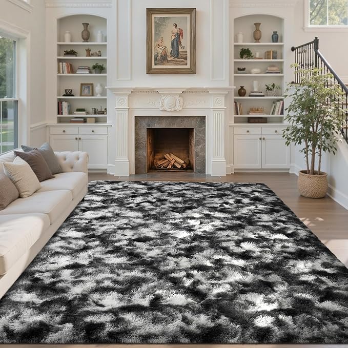 Area Rugs for Living Room 6x9Ft, Soft Fluffy Shagg Plush Bedroom Rug Non-Slip,Large Carpet for Nursery Kids Dorm Home Decor,Black
