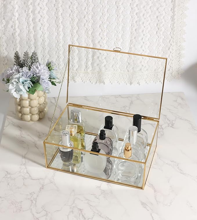 Feyarl Gold Glass Photo Display Box Figures Keepsake Box Jewelry Trinket Rings Earrings Perfume Storage Organizer Display Case Makeup Holder for Home Decor Wedding (10.8 x 7 x 3.9inch)