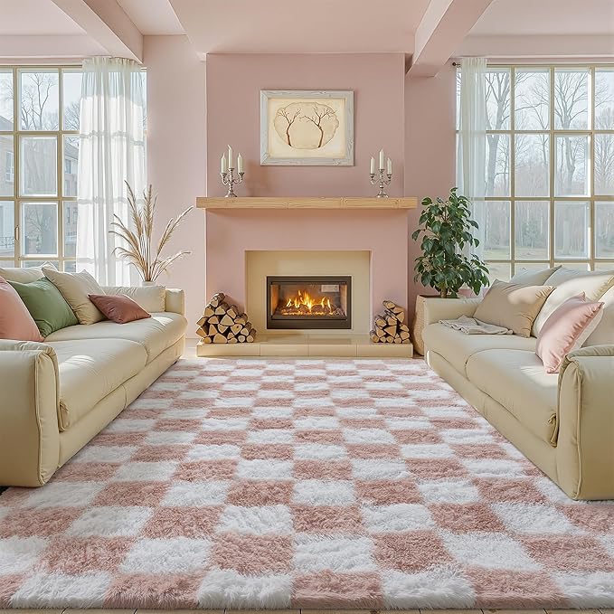 PureCozy Checkered Rug 7x10 for Living Room, Pink and White Modern Shag Rugs Super Soft Washable Indoor Office Fuzzy Carpet Non-Slip Fluffy Rugs for Bedroom Home Aesthetic Decor