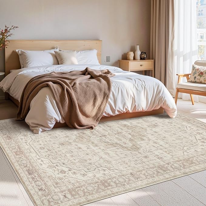 Rugxara Washable Area Rug for Living Room, Vintage Neutral Boho Rugs for Office, Dining Room, Kids Room, Farmhouse, Durable Low Pile Non Slip Carpet for High Traffic Areas, Cream(4x6ft)