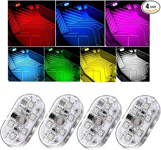 4 PCS Car LED Lights Interior Wireless, Super Bright 7 Colors Auto Interior Ambient Light with 6 Bright LED Lamp Beads, Portable USB Rechargeable Car Led Night Light for Vehicle Decor