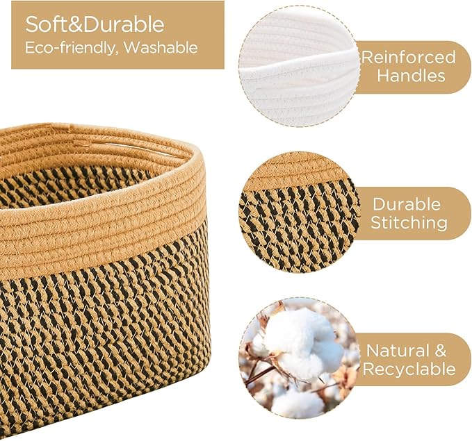 R RUNKA Small Cotton Rope Basket – Storage Bin for Organizing (10.6" x 6.7" x 6.7"), Bathroom Storage Basket for Shelf, Counter & Closet（Camel & Mixed Black）
