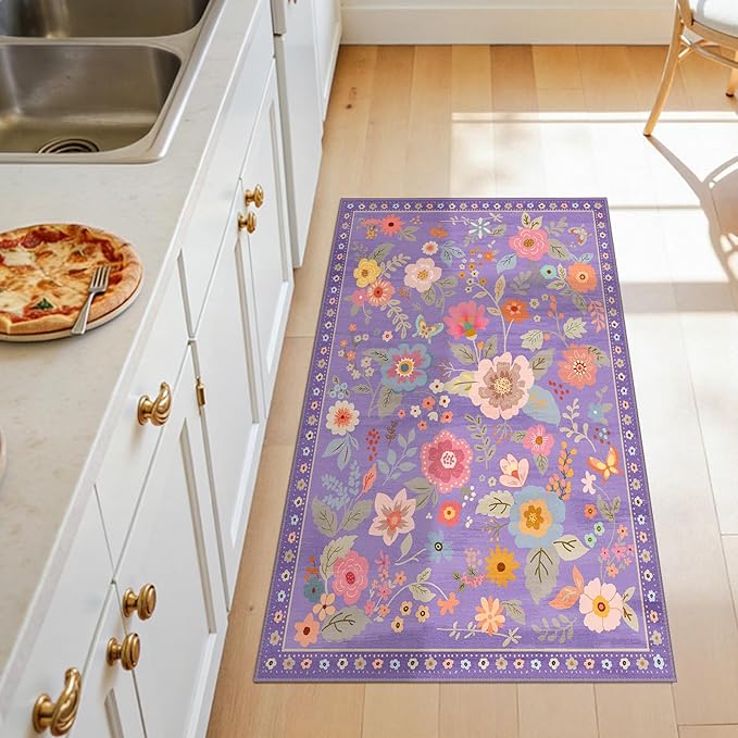 RELEANY Floral Nursery 2x4 Area Rugs Washable Print Boho Cute Carpet Non Slip Flower Low Pile for Living Room Kids Girls Playroom Bedroom Kitchen Office Farmhouse-Purple/Pink/Multi