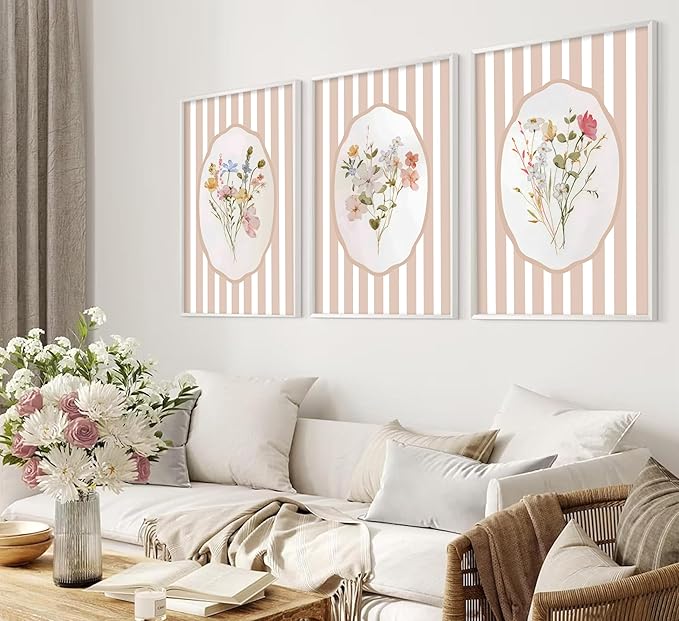 3Pcs Pink Flower Wall Art Light Pink Striped Plant Painting Picture Wall Decor Elegant wildflowers Poster Print Artwork for Bedroom Preppy dormitory Living Nursery Room Home Decoration