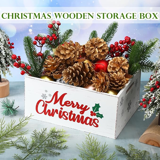 Namalu Christmas Hot Cocoa Bar Storage Box Wooden Crate with Handles Hot Cocoa Decorative Rustic Farmhouse Wood Basket Christmas Wood Storage Bins Organizer Bucket for Xmas Candy Dish Home(White)