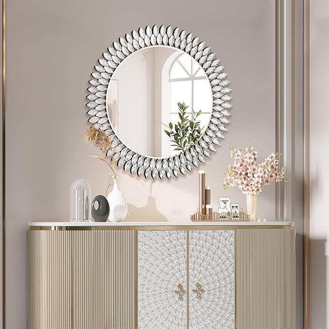 32 Inch Round Mirrors for Wall Decor, Luxury Diamond Entryway Mirrors for Wall, Silver Decorative Mirror for Living Room, Bedroom, Bathroom, Dining Room, Fireplace
