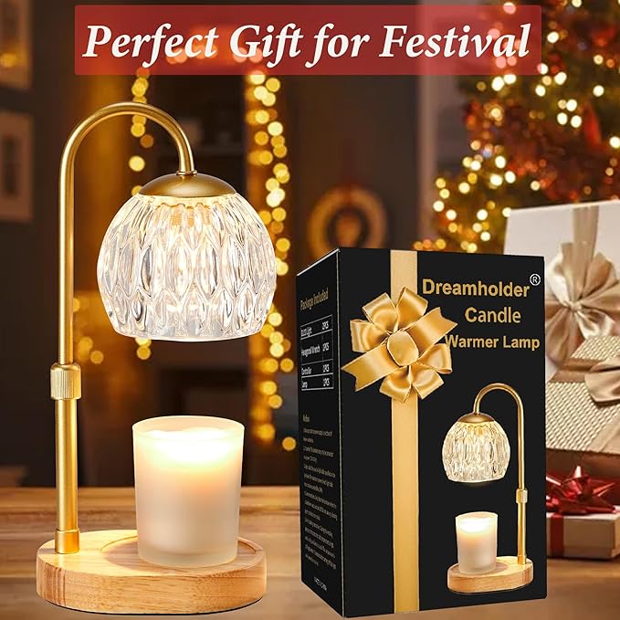 Dreamholder Candle Warmer Lamp, Glass Electric Wax Melter Warmer Lamp with Timer & Dimmer, Vintage Wax Warmer Adjustable Height Scented Candles, for Home Decor Gifts, Gold