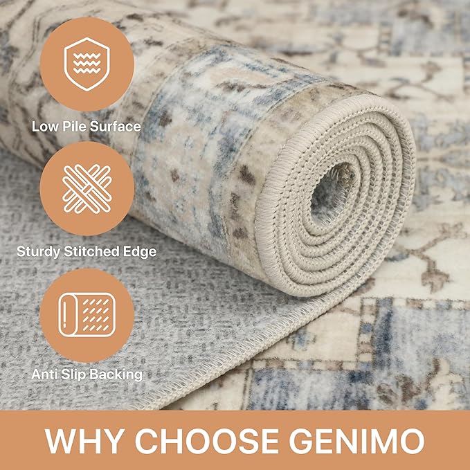 GENIMO 8x10 Area Rugs for Living Room, Machine Washable Rug, Non Slip Indoor Vintage Rug, Low Pile Lightweight Chenille Print Carpet for Bedroom Dining Room Home Office, Mint Sage