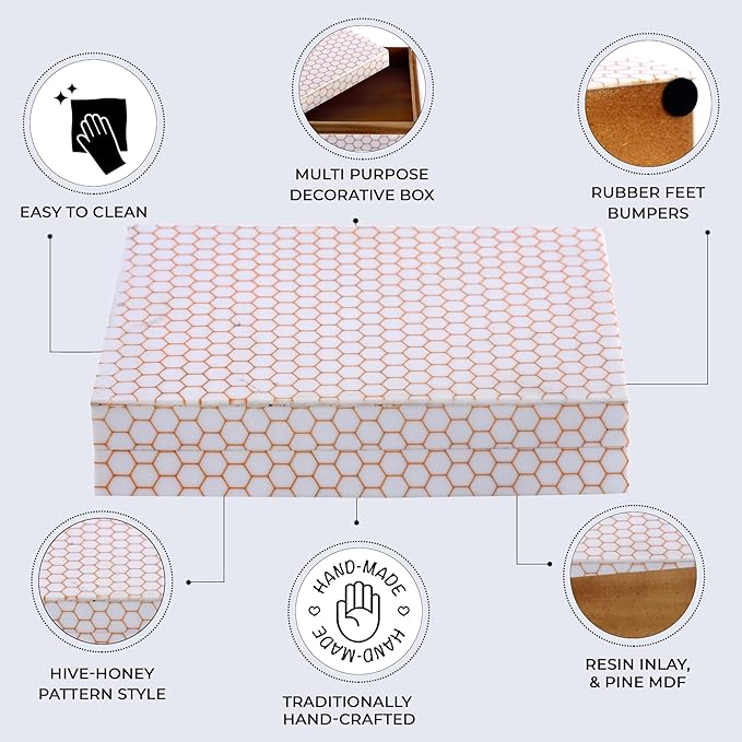 Handicrafts Home Large Decorative Storage Box with Lid– 8x6x1.5” Coffee Table Organizer, Keepsake-Decorative Boxes for Home Decor, Stylish Decorative Box for Office Décor-Hive Honey