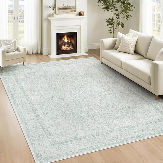 5x7 Area Rugs for Living Room: Washable Vintage Floral Rug Low Pile Non-Slip Boho Carpet for Nursery Bedroom Dining Room (Green, 5'x7')