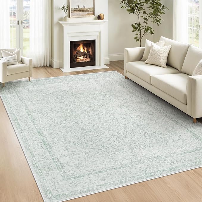 6x9 Area Rugs for Living Room: Washable Vintage Floral Rug Low Pile Non-Slip Boho Carpet for Nursery Bedroom Dining Room (Green, 6'x9')