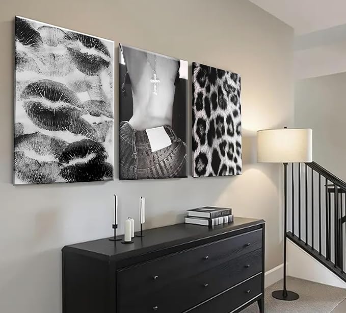 DULASI Set of 3 Fashion Chic Wall Art Kiss Lips Poster Leopard Picture Wall Decor Trendy Y2k Print Black and White Aesthetic Girly Room Decor for Bedroom Living Room Dorm Home Decoration 12"x16"