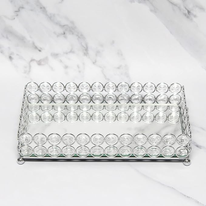 Elegant Designs HG1010-CHR Elipse Crystal Decorative Mirrored Jewelry or Makeup Cosmetic Perfume Vanity Organizer Tray, Chrome