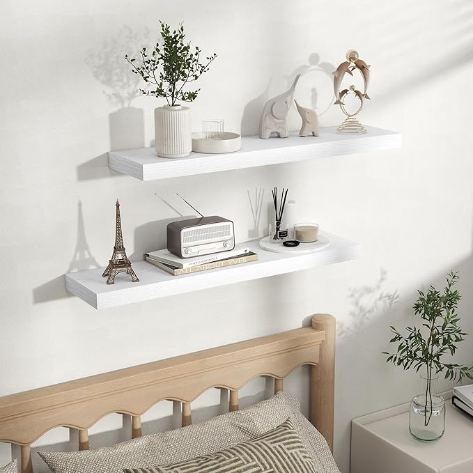Fun Memories Rustic Floating Wall Shelves, Wall Mounted Wood Storage & Display Shelves for Bathroom, Bedroom, Living Room or Kitchen, (Set of 2, White, 32 in)
