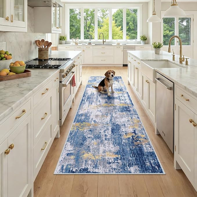 RELEANY Washable Area Rugs 2'6"x8 Non-Slip Modern Abstract Soft for Living Room Entryway Bedroom Nursery, Print Pattern, Grey Blue Gold/Golden
