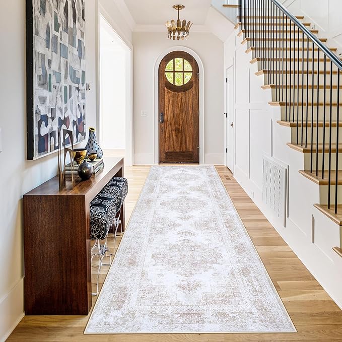 XLUEZ Runner Rug 2x6 Vintage Rugs, Machine Washable Kitchen Runner Retro Medallion Distressed Rug Non-Slip Soft Low Pile Hallway Rugs for Entryway Bedroom Bathroom Laundry(Beige,2'x6')