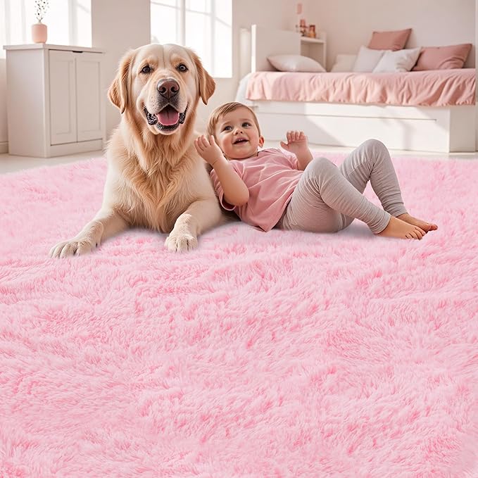 Fluffy Pink Area Rug for Bedroom Living Room Soft 5x7 Fuzzy Washable Rugs Non-Shedding Indoor Plush Rug for Nursery Kids Room Dorm Room Home Decor, High Pile Shaggy Floor Carpets(Pink 5'x7')