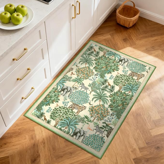 GarveeHome Jungle Rug 2x3 Animal Print Rugs Non Slip Washable Front Door Rug for Entryway, Indoor Kitchen Rugs Low-Pile Small Door Mat Forest Carpet for Bedroom Home Décor, Beige