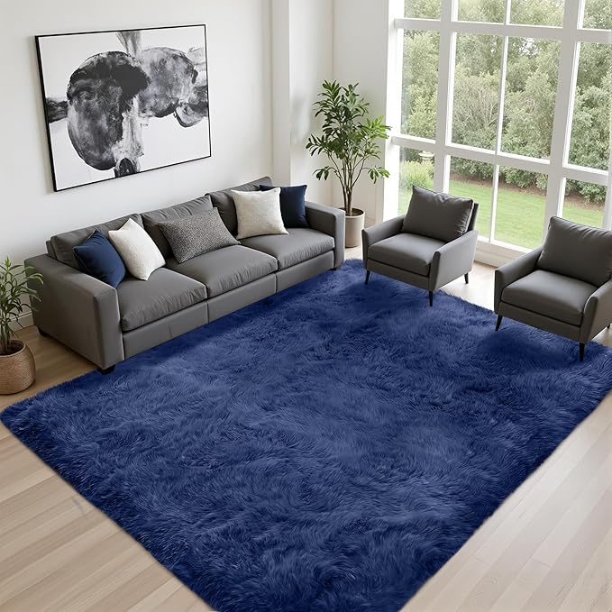 Fluffy Area Rugs 9x12 Living Room Bedroom: Ultra Soft Shag Rug Upgrade Non-Slip Non-Shedding Large Fuzzy Plush Carpet Indoor Floor Carpets for Kids Room Playroom Nursery Dorms Home Decor Blue