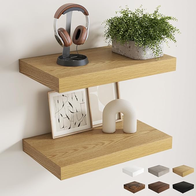 12 Inch Deep Floating Shelves for Wall, 20 x 12 Rustic Wood Grain Bathroom Shelves with Invisible Brackets, Easy Install Wood Storage Shelves for Kitchen, Living Room, Bedroom, Oak, Set of 2