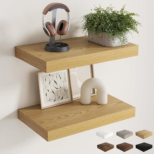 12 Inch Deep Floating Shelves for Wall, 20 x 12 Rustic Wood Grain Bathroom Shelves with Invisible Brackets, Easy Install Wood Storage Shelves for Kitchen, Living Room, Bedroom, Oak, Set of 2