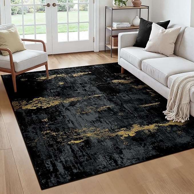 RELEANY Washable Area Rugs Square 6ft Non-Slip Modern Abstract Soft for Living Room Entryway Bedroom Nursery, Print Pattern, Dark Black Gold