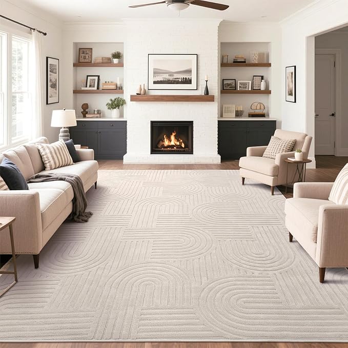 SHACOS Soft Cozy Fluffy Arch Pattern High Low Pile Area Rugs 9'x12' Large Non Slip Washable Modern Geometric Rug Scandinavian Minimalist Carpet for Living Room Bedroom Dining Room, Beige