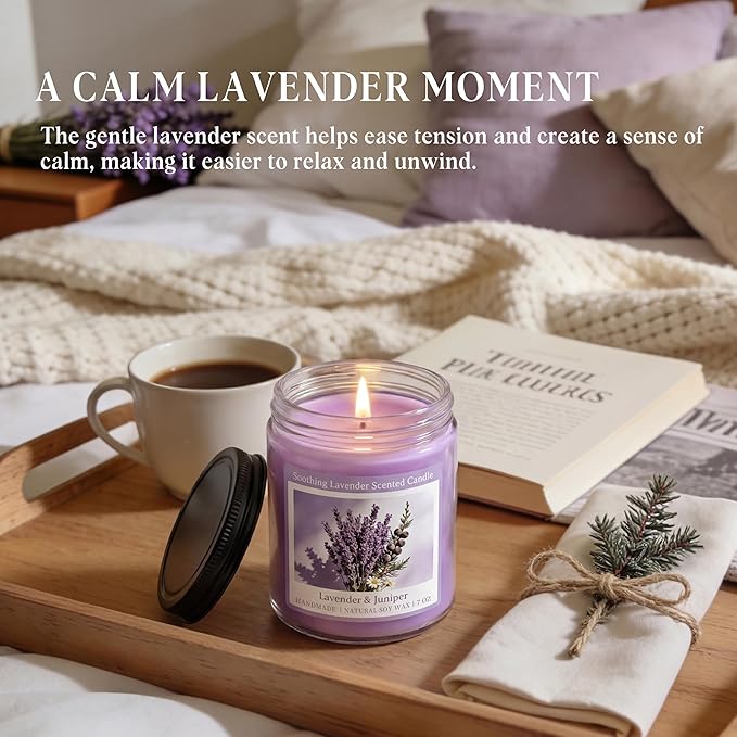 Homsolver Soothing Lavender Scented Candle, Natural Soy Candles with 50+ Hour Burn, Soft Juniper Lavender Fragrance Gift for Women, Men Friends, Everyday Use, Comfortable Spaces (Boutique Gifts Size)