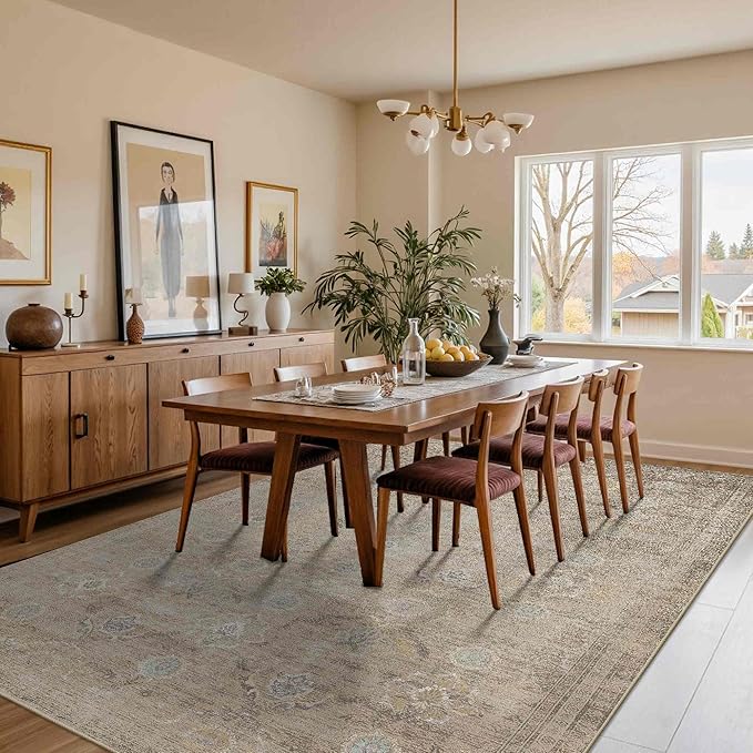 Rugxara 6x9 Area Rugs for Living Room Bedroom, Large Washable Rug, Beige Vintage Retro Boho Rug, Non Slip & Low Pile Faux Wool Thin Carpet for Indoor Dining Room and Kids Room(Beige 6x9ft)