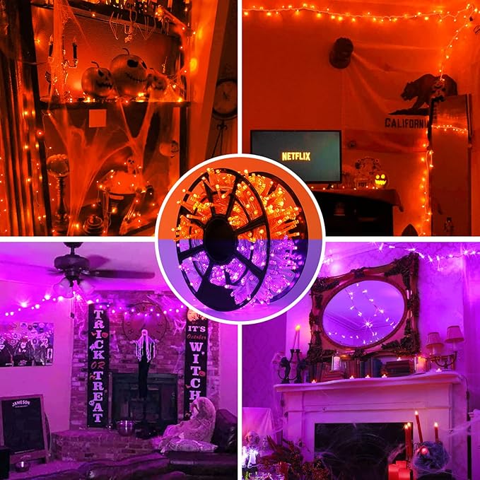 JMEXSUSS Halloween Lights, 8 Modes Waterproof Orange and Purple Light Outdoor Plug in, Clear Wire Halloween String Lights Indoor Bedroom 500 LED Orange and Purple 163 FT