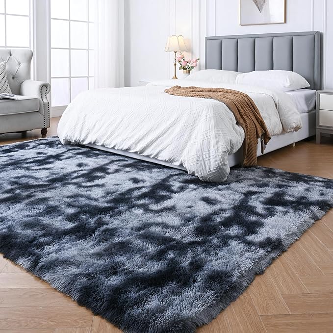 Fluffyrug 5x7 Bedroom Rugs: Shag Rug for Bedroom - Area Rug 5x7 Grey Plush Fuzzy Soft Carpet for Living Room (Tie-Dyed Dark Gray)