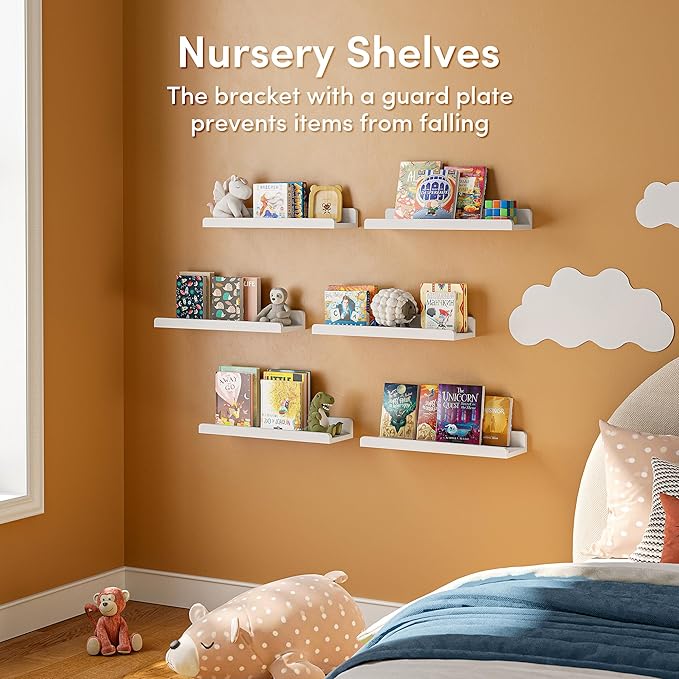 YUFLINX 16’’White Floating Shelves for Wall with Anti-Crash Design Set of 6,Nursery Book Shelves for Room Decor/Storage/Display,Hanging Wall Shelves for Bedroom, Bathroom, Living Room,Kids Room