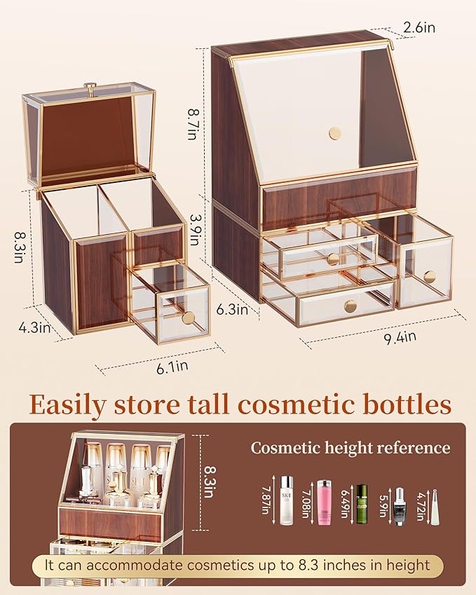 Youdepot Tempered Glass Makeup Organizer Countertop 5-Drawer Jewelry Box - Large Velvet-Lined - Multi-Functional jewelry organizer,Skincare Storage for Vanity and Bathroom Countertop