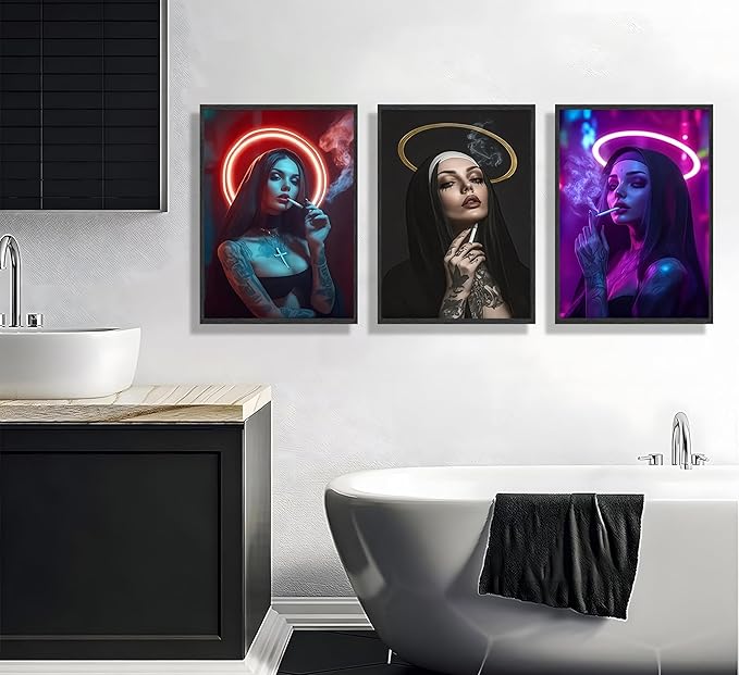 FJKLRP 3pcs Fashion Neon Nun Wall Art Cyberpunk Tattooed Feminine Canvas Print Dark neon Aesthetic Wall Decor for Bedroom Living Room Dorm Apartment Home Decor Unframed